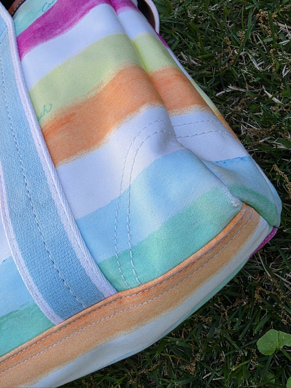 Coach Watercolor Pastel Stripe Canvas Leather Trim Hampton Tote Bag. - Picture 6 of 15
